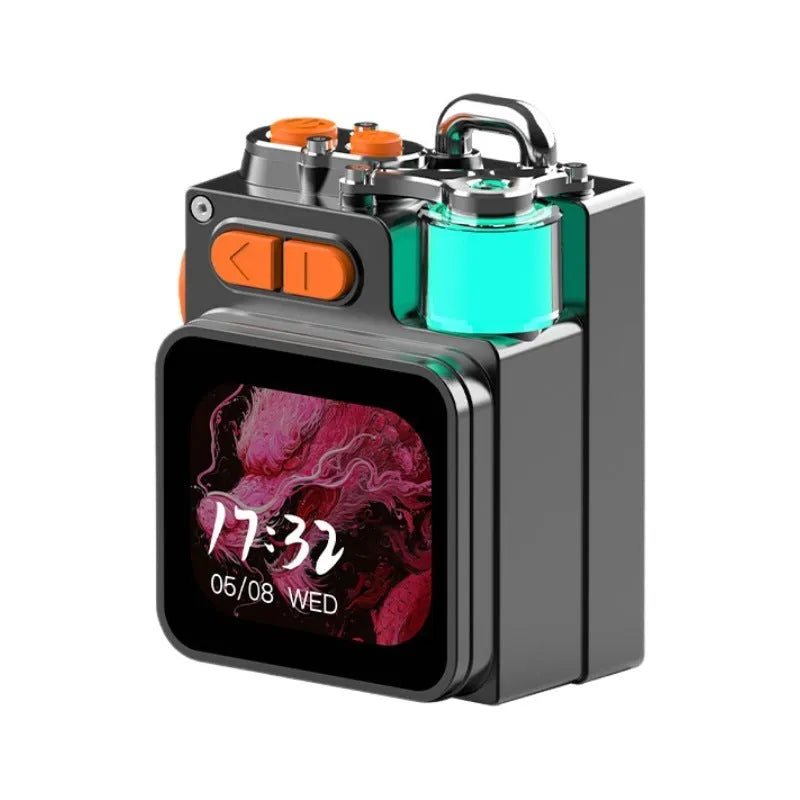 Dark grey portable Bluetooth speaker with a touch screen on a compact ABS plastic housing.