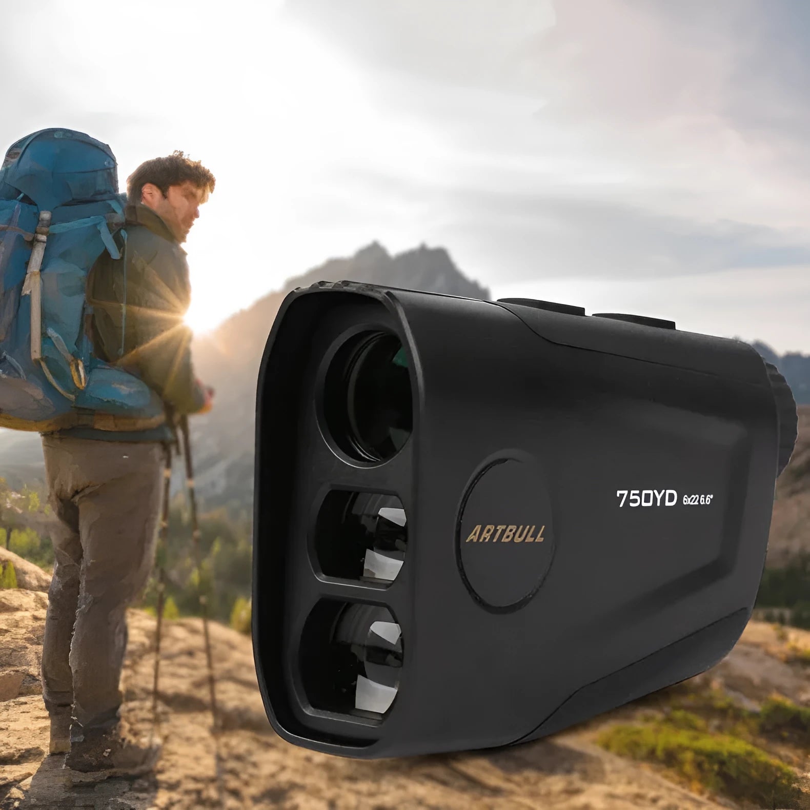 Black golf laser rangefinder with LCD display showing yardage, featuring a 20mm objective lens.
