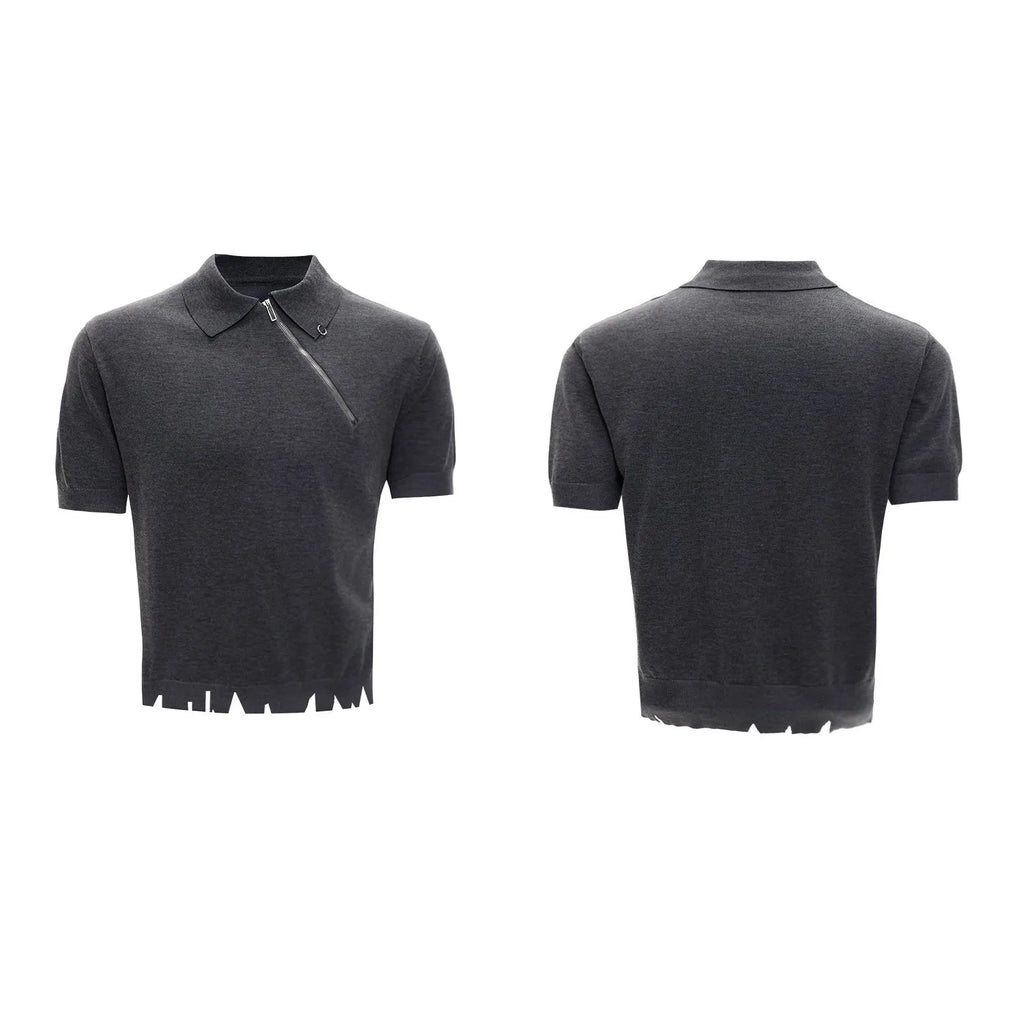 Men's black slim-fit knitted polo shirt with oblique zip and lapel collar