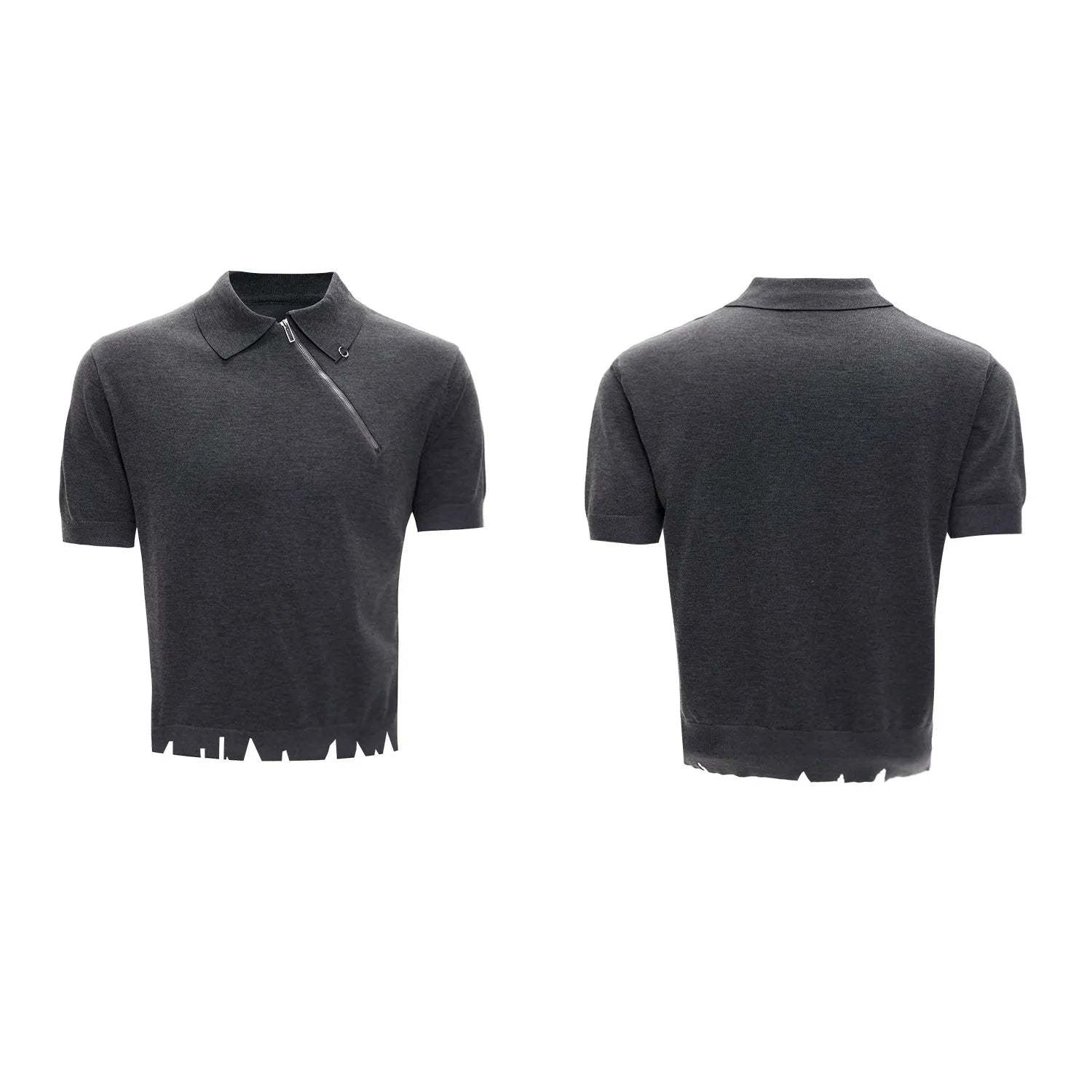 Men's black slim-fit knitted polo shirt with oblique zip and lapel collar