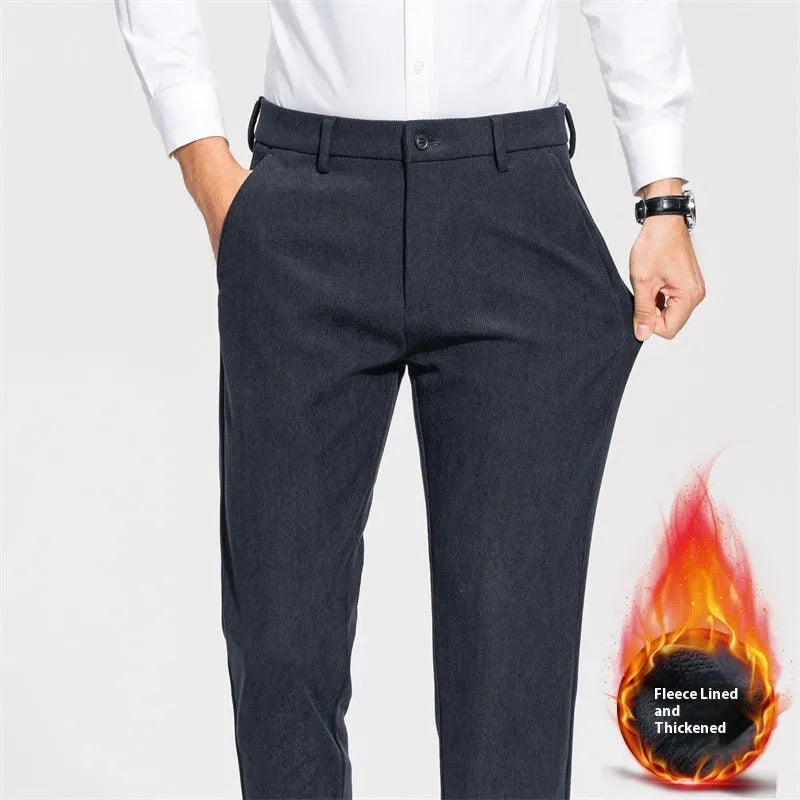 Men's fleece-lined casual trousers in black, thickened for winter, mid waist zip fly, size 34