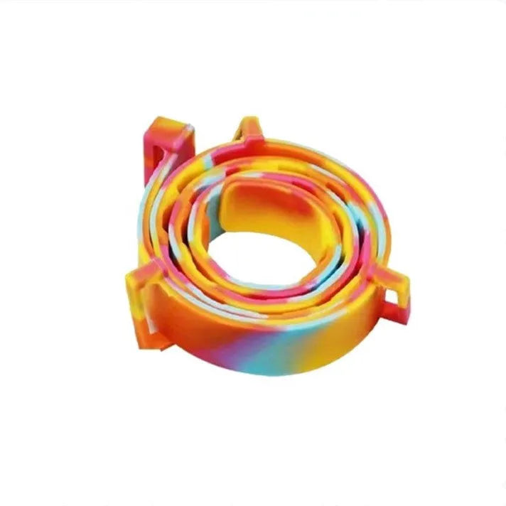 Rainbow coloured plastic flea collar for cats and dogs showing 38cm and 62cm size options
