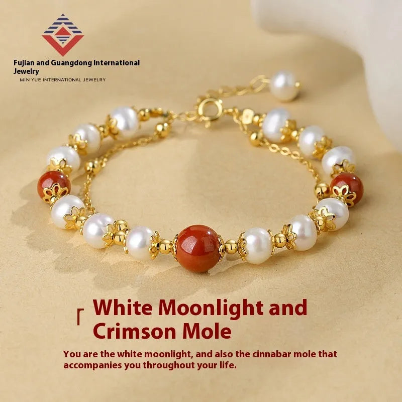 Sterling silver double-layer bracelet with cinnabar red bean freshwater pearls in geometric design