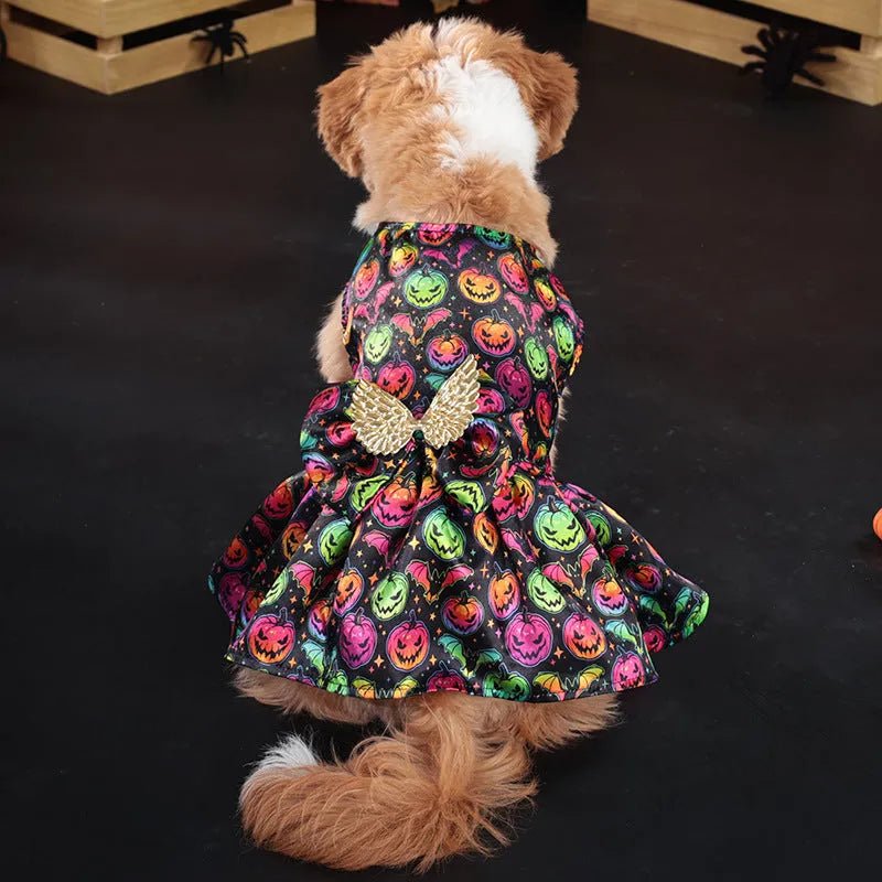 Dog wearing orange angel wings Halloween costume with bright pumpkin colour option