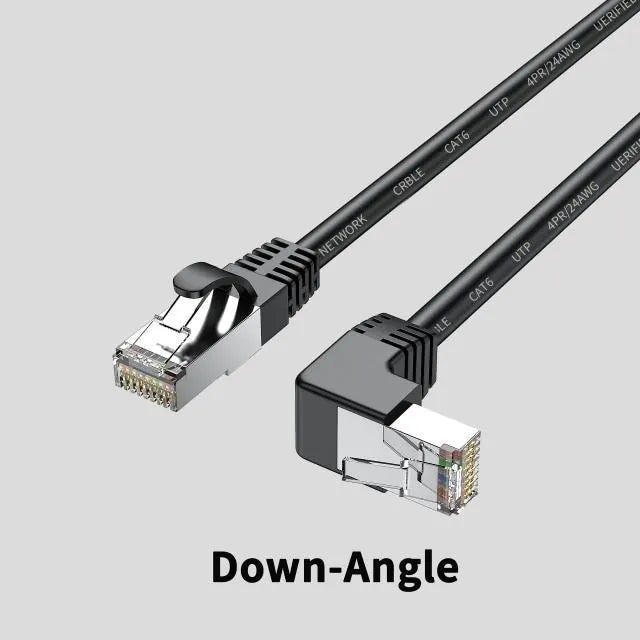 Cat6 right-angle Ethernet network cable with metal RJ45 connectors in various colours.