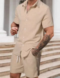 Men's striped casual suit set with short sleeve shirt and matching shorts in colour YT50313P1