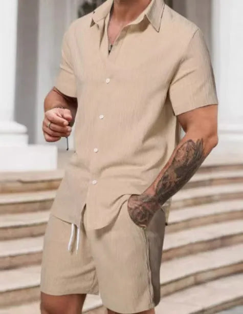 Men's striped casual suit set with short sleeve shirt and matching shorts in colour YT50313P1