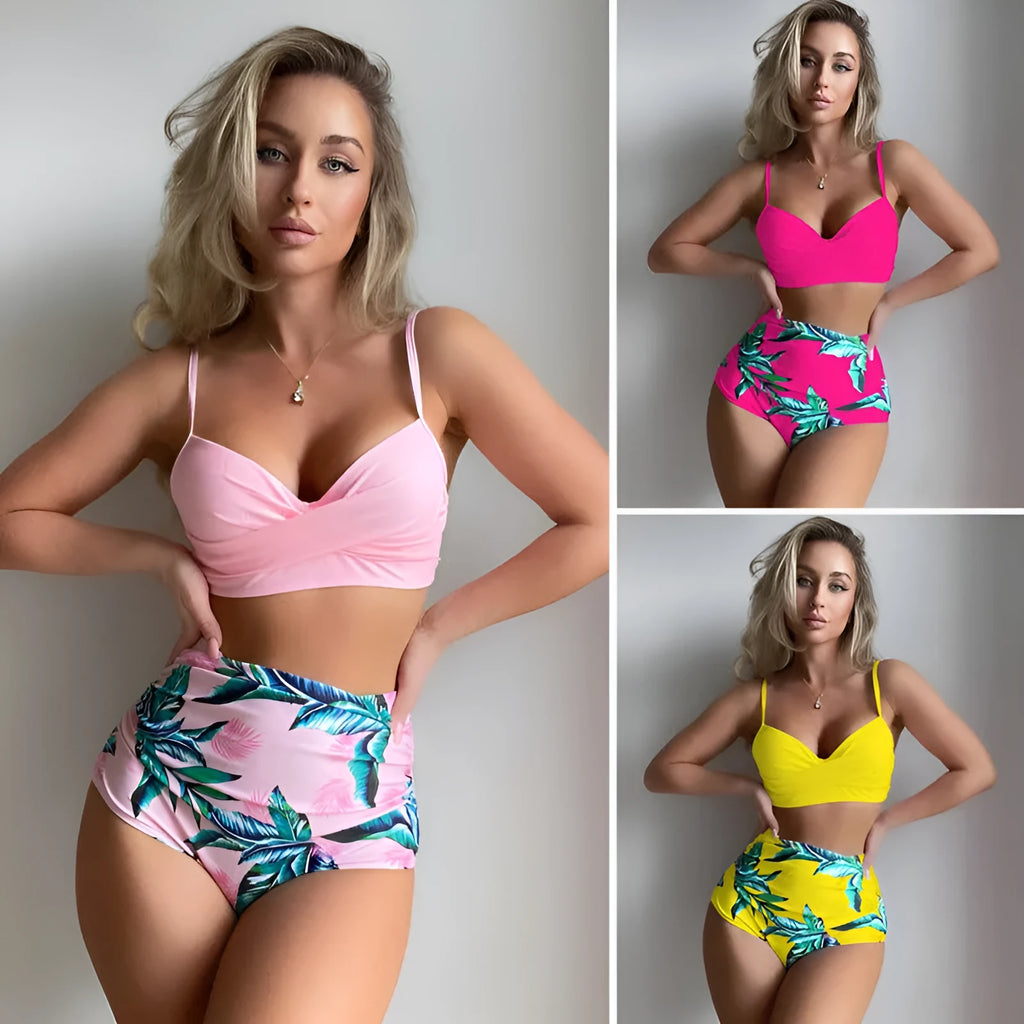 Yellow floral print women's push-up bikini with steel brackets and high-waisted briefs.