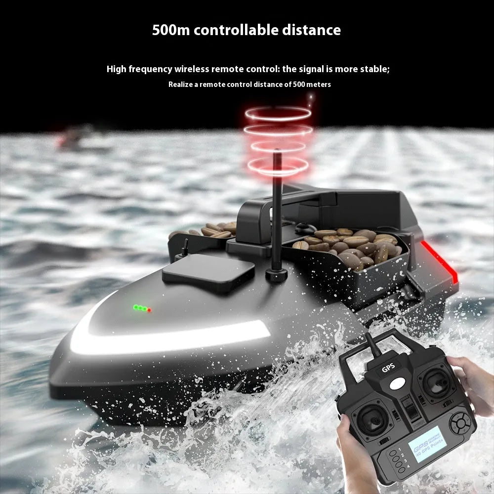 Remote control fishing boat with GPS antenna on deck, shown on water with remote control.