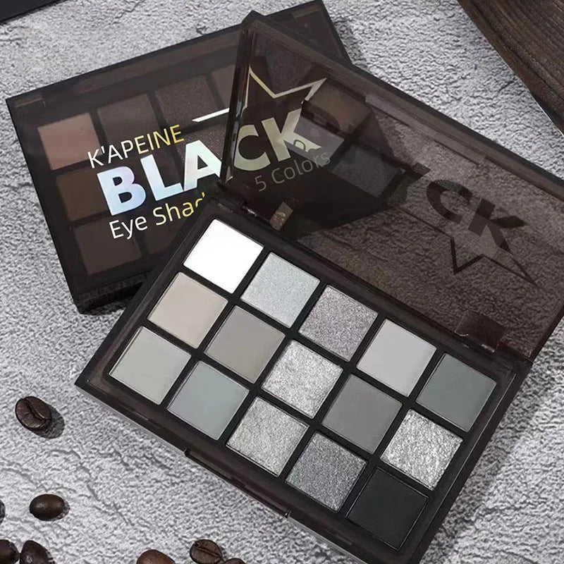 Night Elf 15-colour eye shadow palette open, showing matte and shimmer pans in smoky earth tones.
