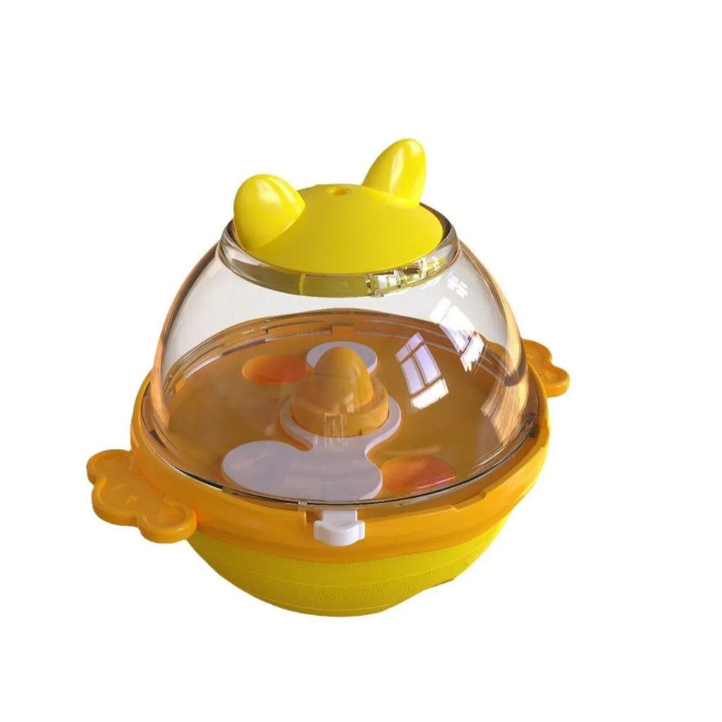 Yellow TPR dog puzzle feeder tumbler toy with non-slip base for slow feeding and mental stimulation