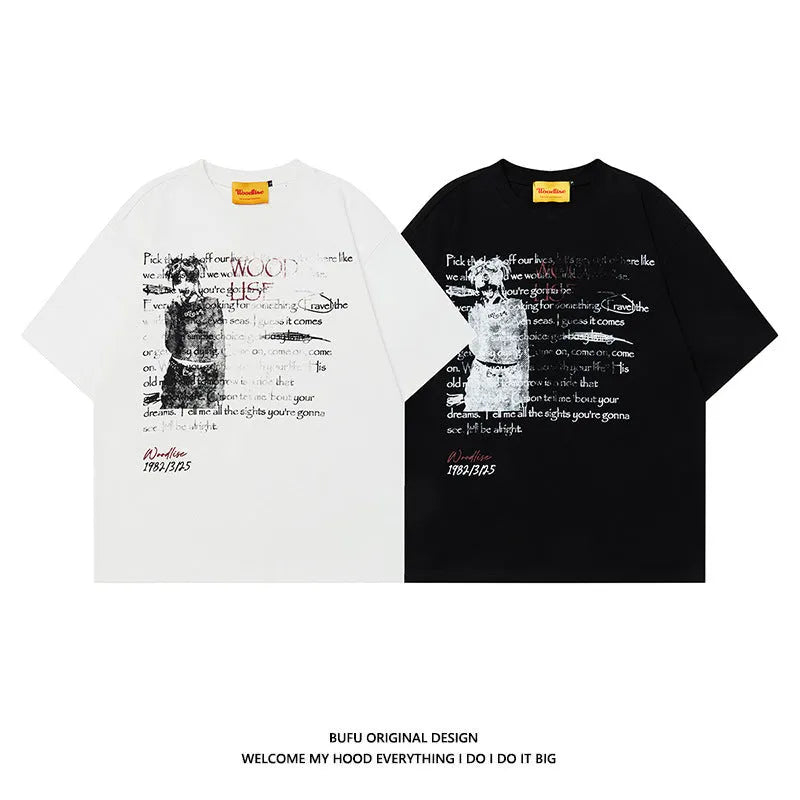 Men's black cotton t-shirt with white printed letter design and loose retro styling