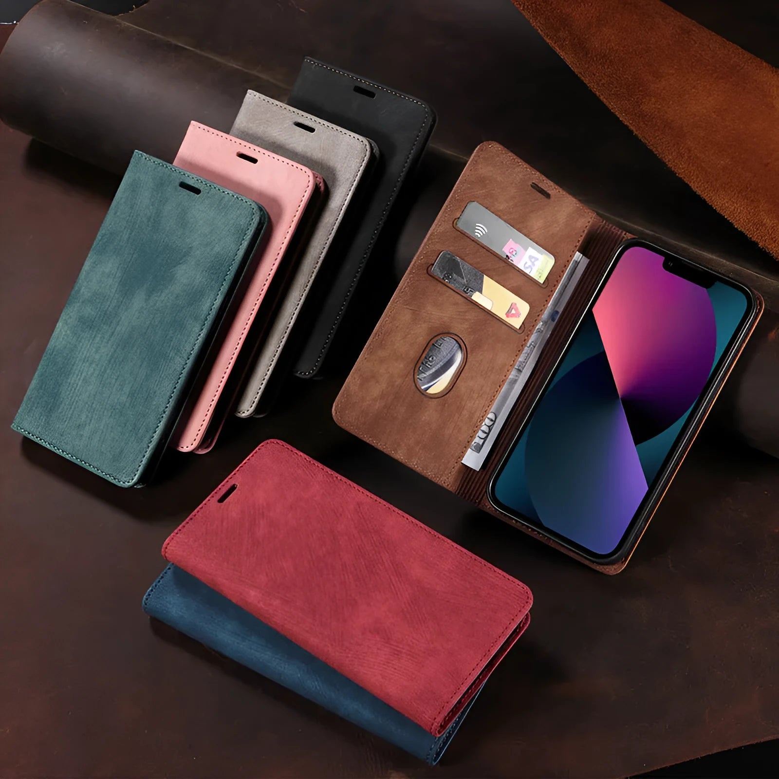 Magnetic flip phone case for iPhone in solid colours, showing TPU frame and leather cover.