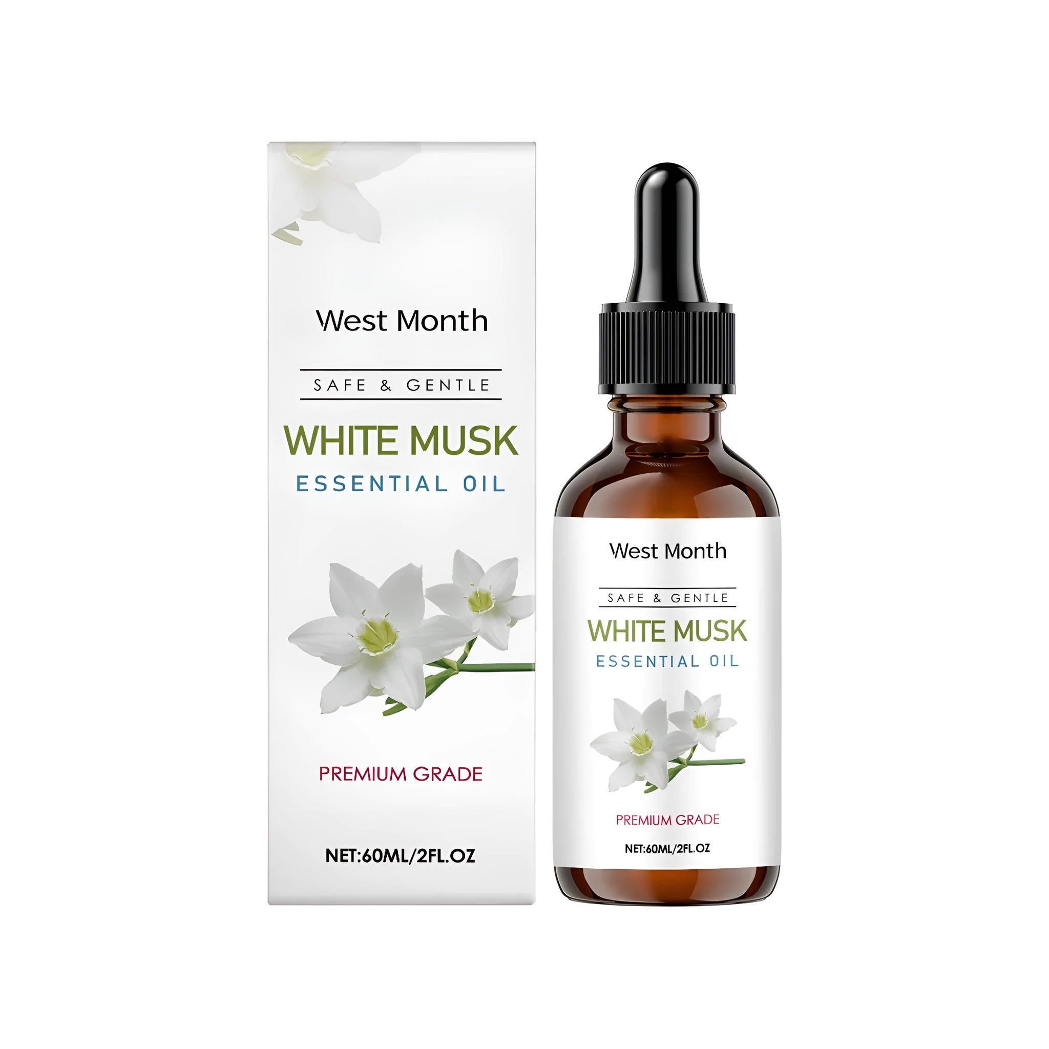 A 60ml bottle of White Musk Sopping Oil Plant with a transparent formula.