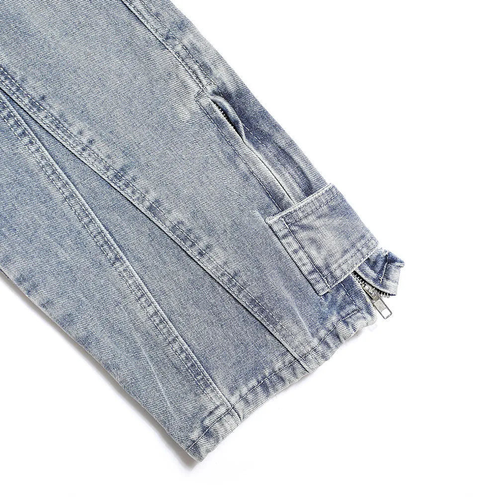 Blue cotton patchwork straight-leg jeans for men with size chart S to XXL