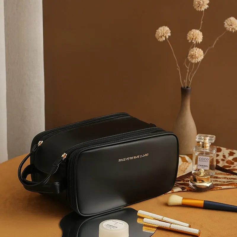 Three-layer double zipper U-shaped cosmetic bag in PU leather for make-up storage