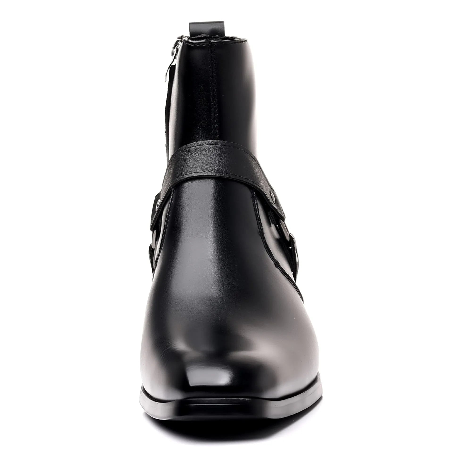Side view of a black unisex boot with a square toe, side zip, and decorative rivets on a block heel.