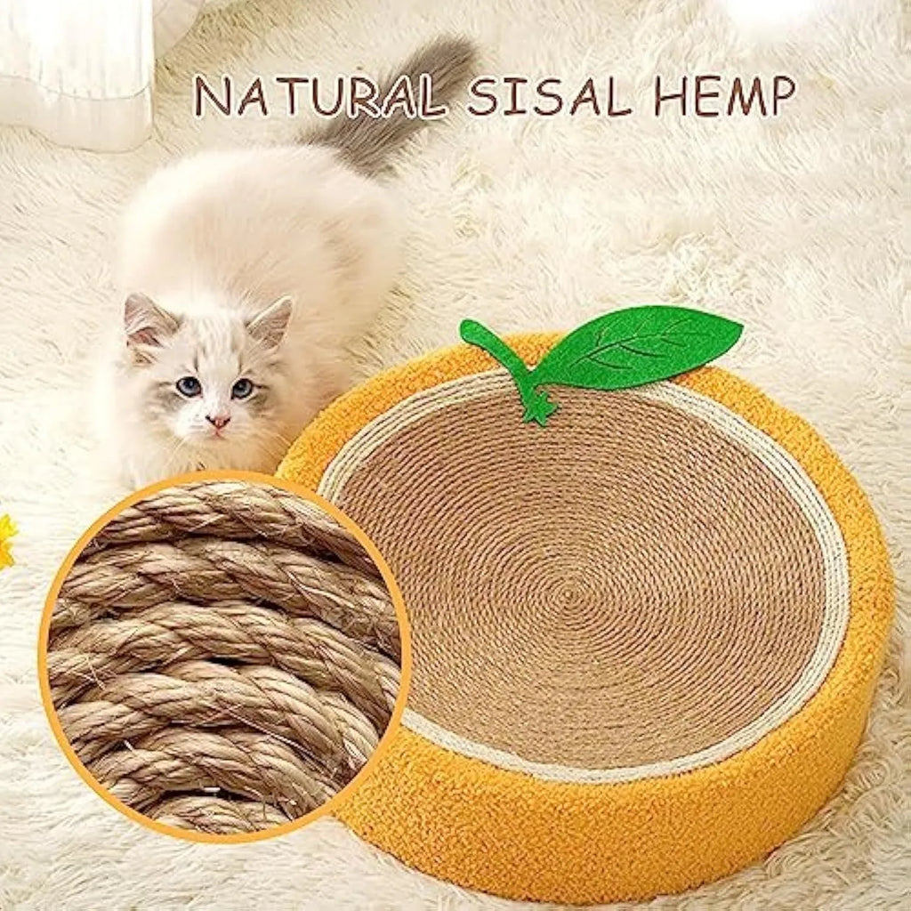 Yellow fruit-shaped sisal cat scratching board and round bed for small cats