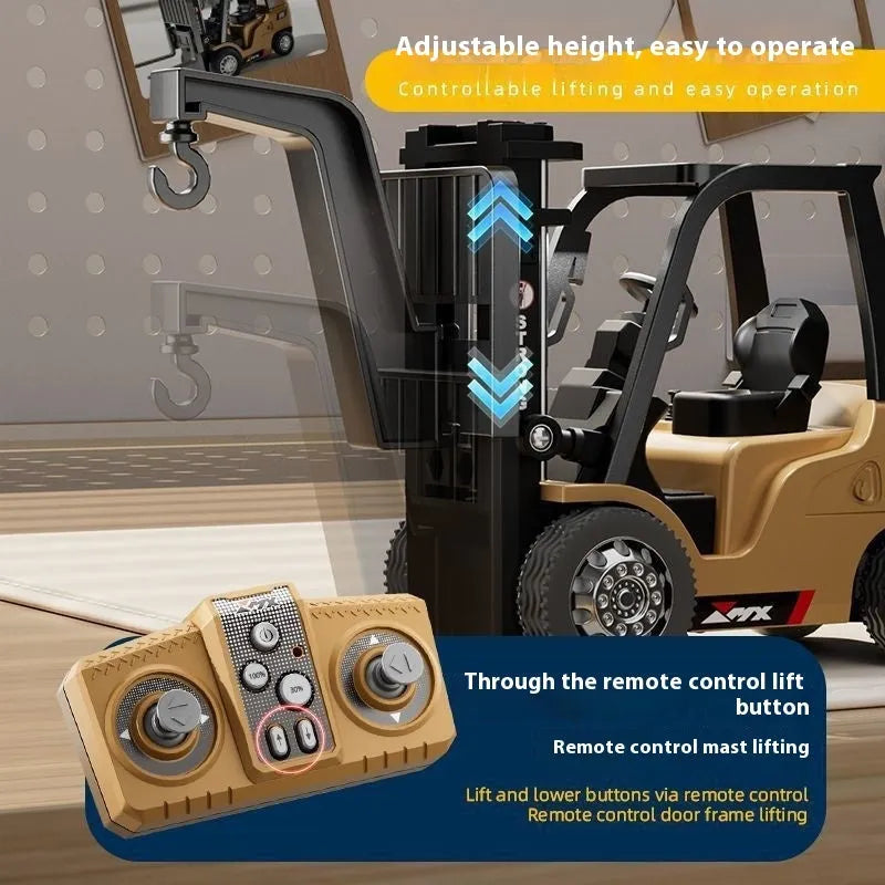 Blue alloy remote control forklift toy on wooden pallet with cargo accessories