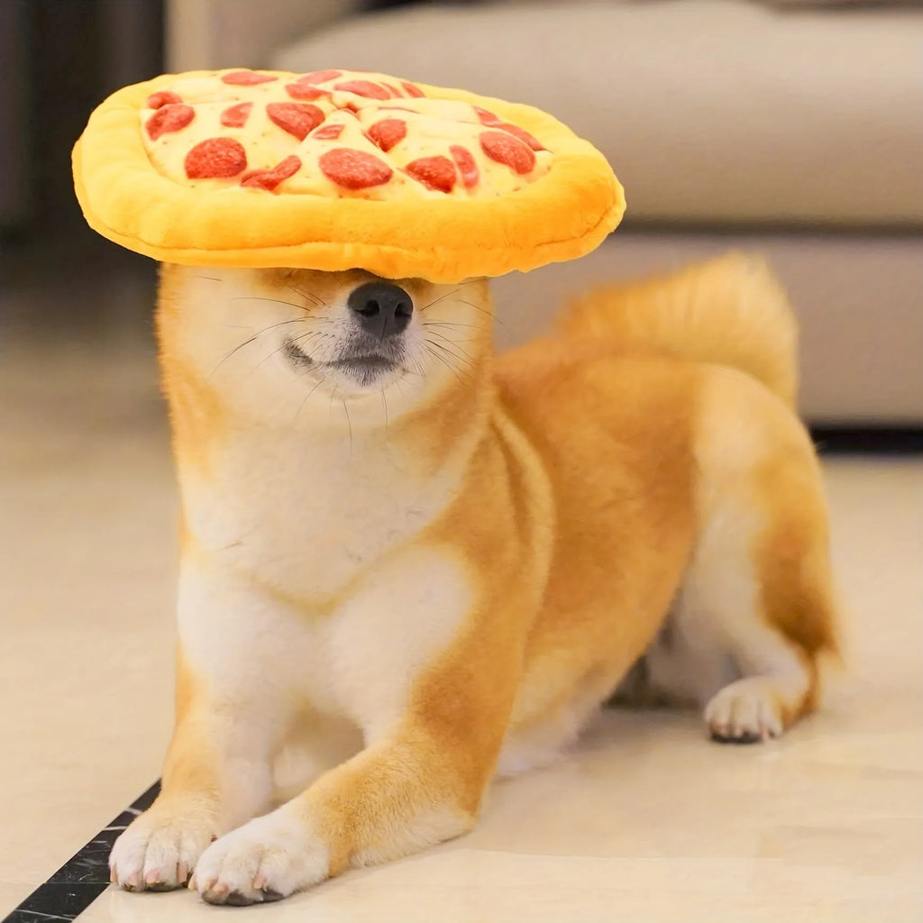 Yellow pizza slice shaped squeaky dog chew toy made from soft teddy fabric.