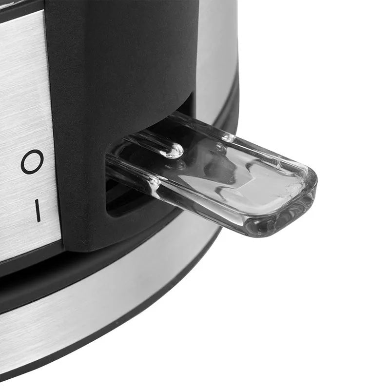 Transparent glass electric kettle with 1.7L capacity, scale window, black base and handle, and power cord on white background