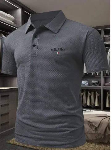 Men's loose fit short-sleeved polo shirt with a lapel collar in a solid colour.
