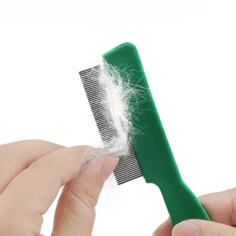 Green plastic-handled flea comb with stainless steel pins for dogs and cats.