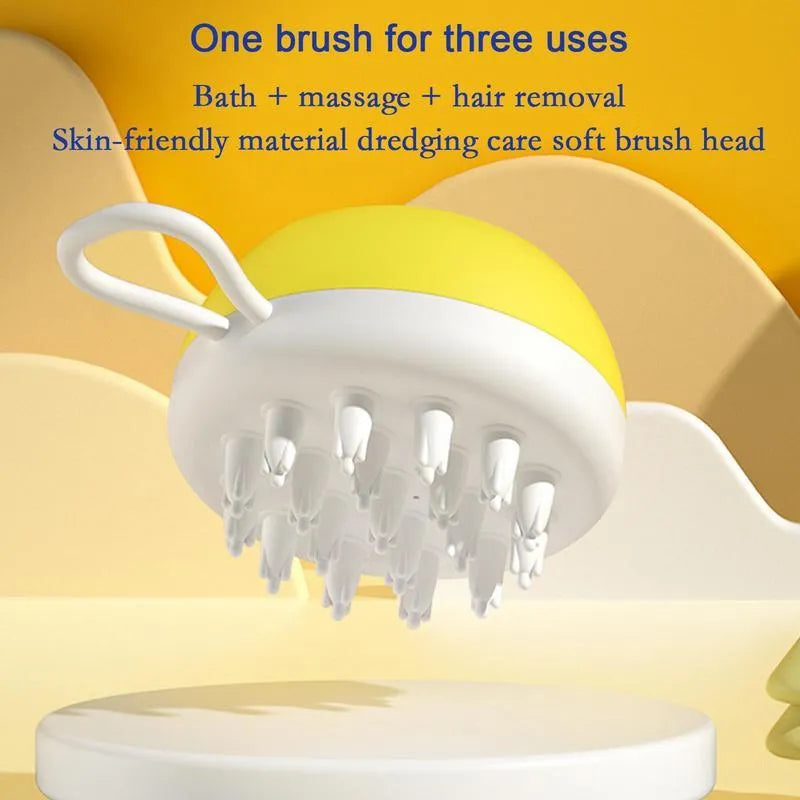 3-in-1 dog shampoo brush with silicone massage points in blue, grey, and yellow colour options
