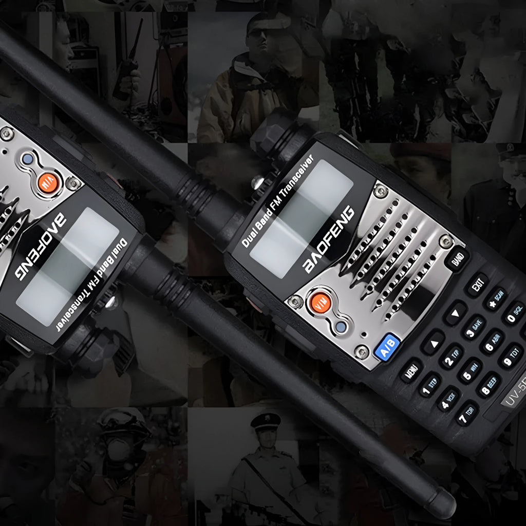 Baofeng UV-5RA black handheld dual-band two-way radio with dual display and antenna.