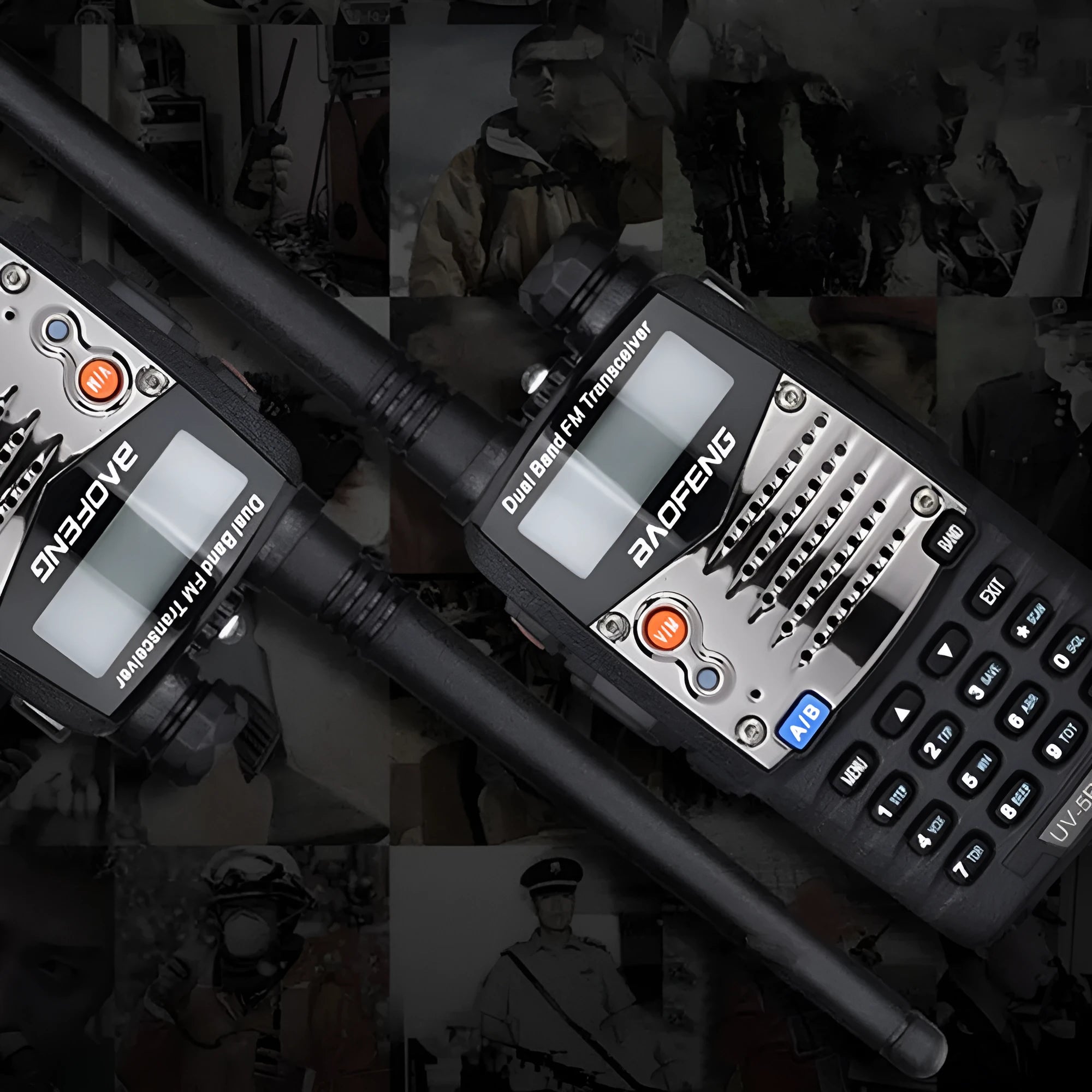Baofeng UV-5RA black handheld dual-band two-way radio with dual display and antenna.