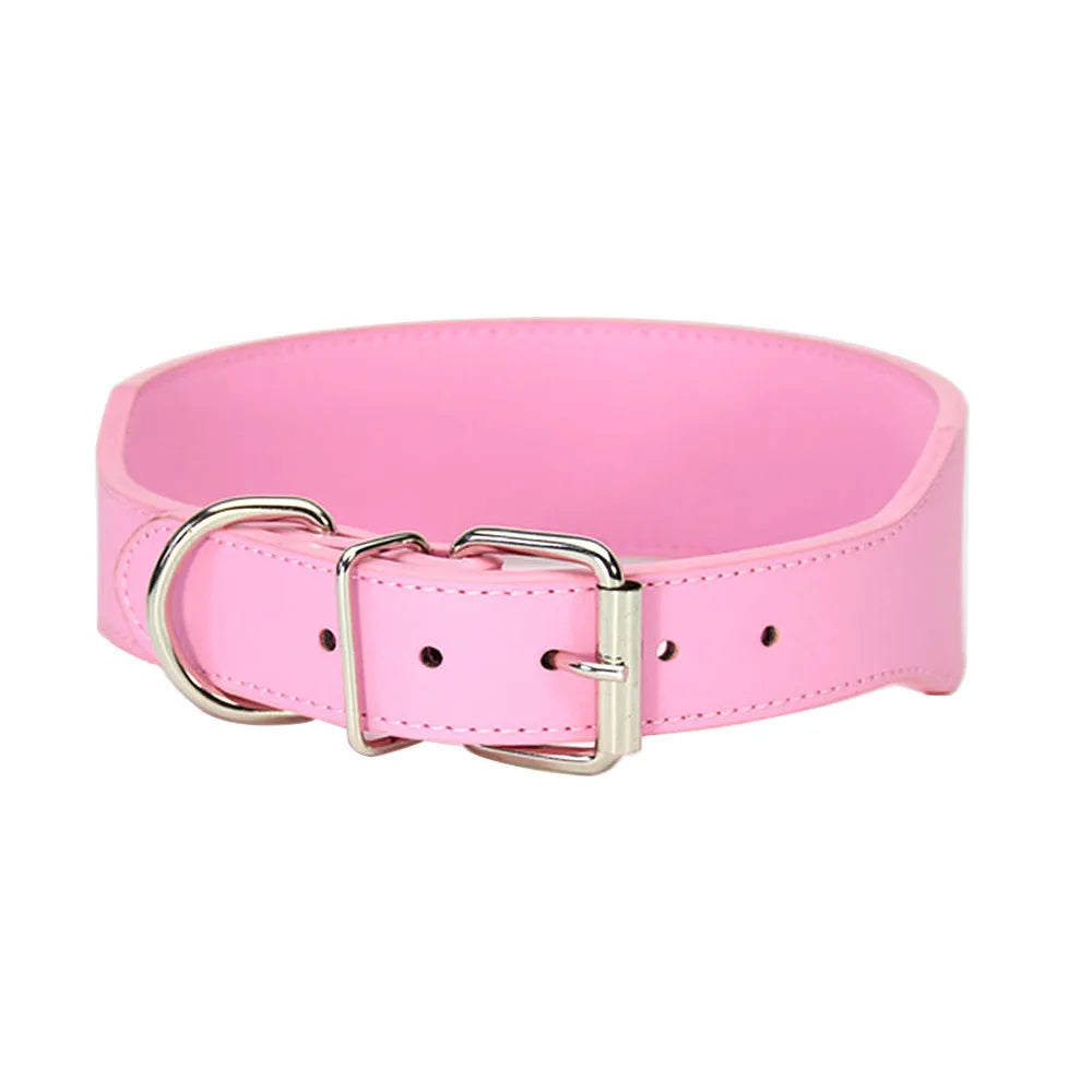 Fish-shaped wide leather dog collar with attached scarf for large breeds in assorted colours.