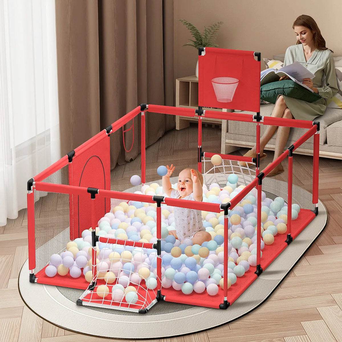 Large blue children's playpen tent with Oxford cloth fence and stainless steel frame.