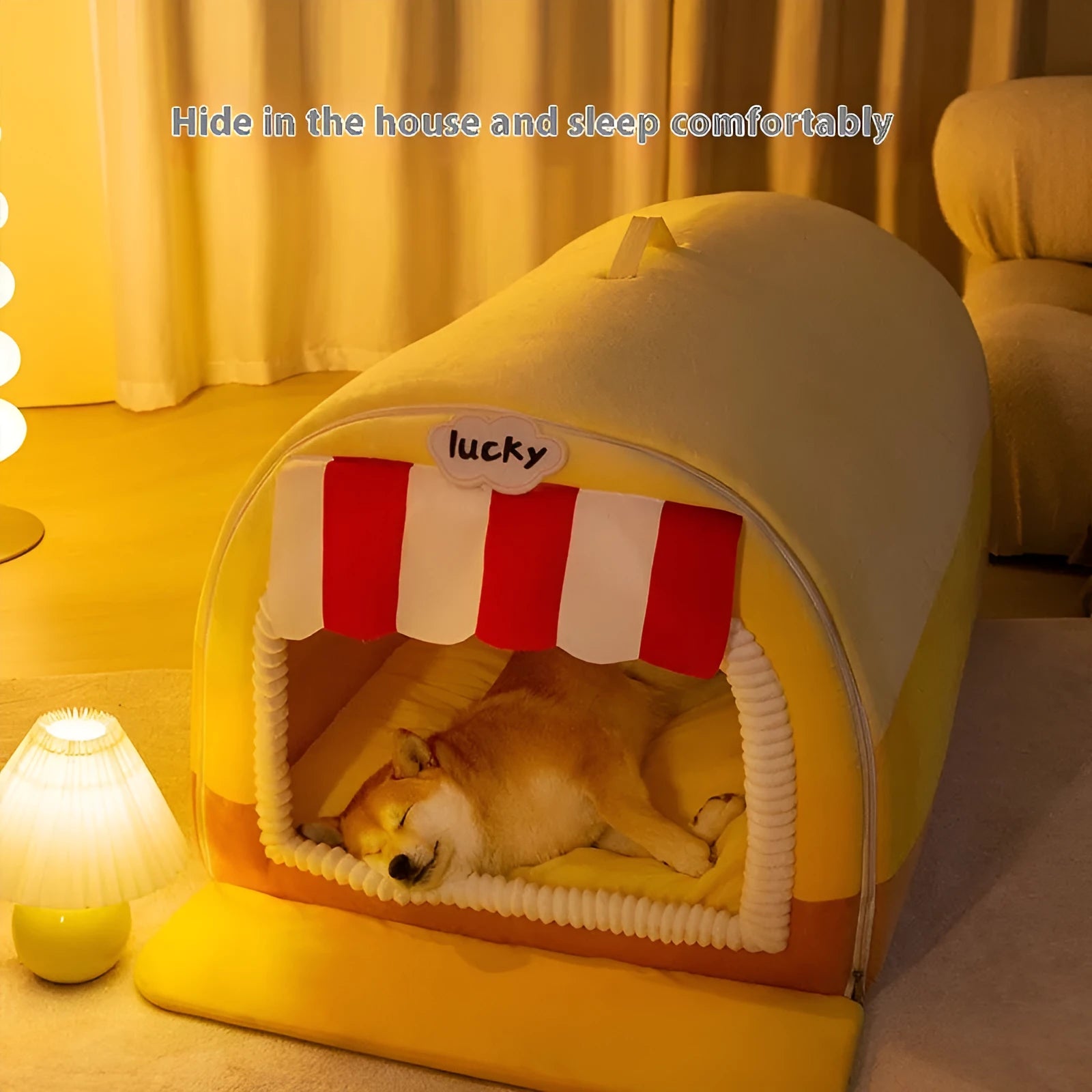 Sponge-filled dog bed with a colourful printed removable cover, shown in multiple size options for large dogs.