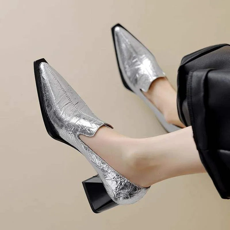 Crack pointed deep mouth high heels women retro solid colour kitten heel shoes with rubber sole