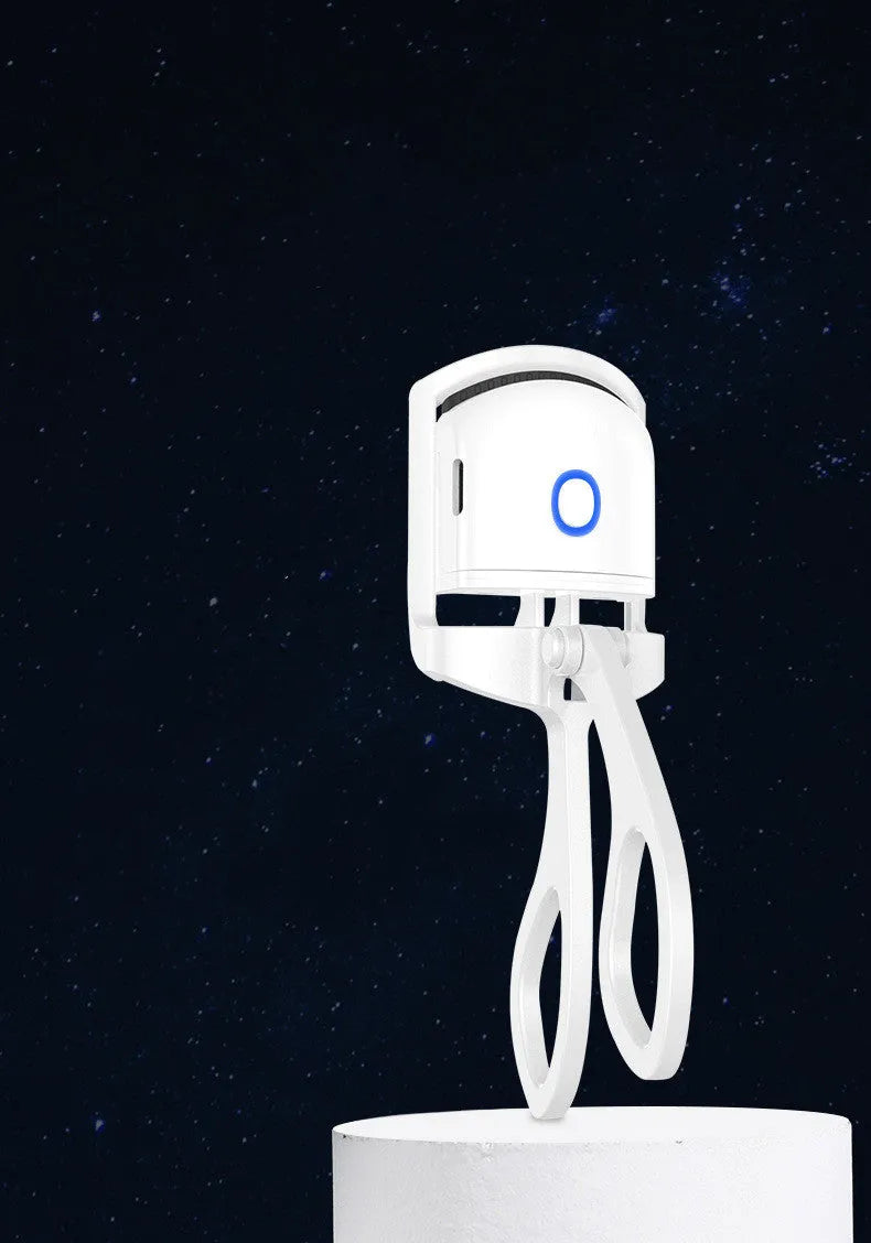 White USB rechargeable heated eyelash curler with dual temperature buttons and compact design.