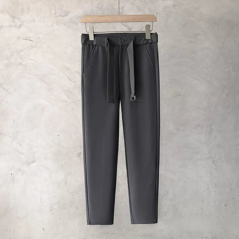 Boys slim straight wool trousers in tapered cut for business casual and street fashion.
