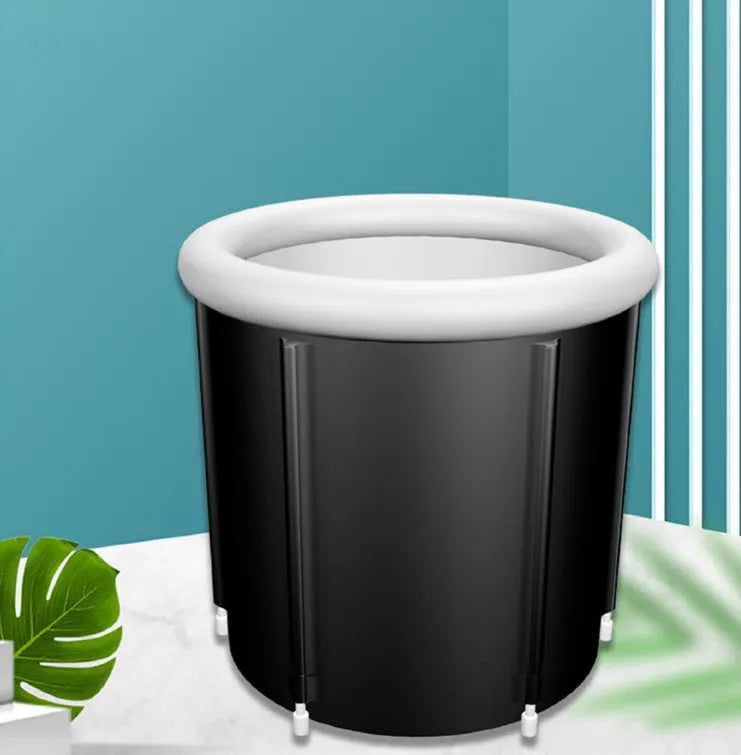 Black portable inflatable ice bath tub with weather lid for recovery therapy