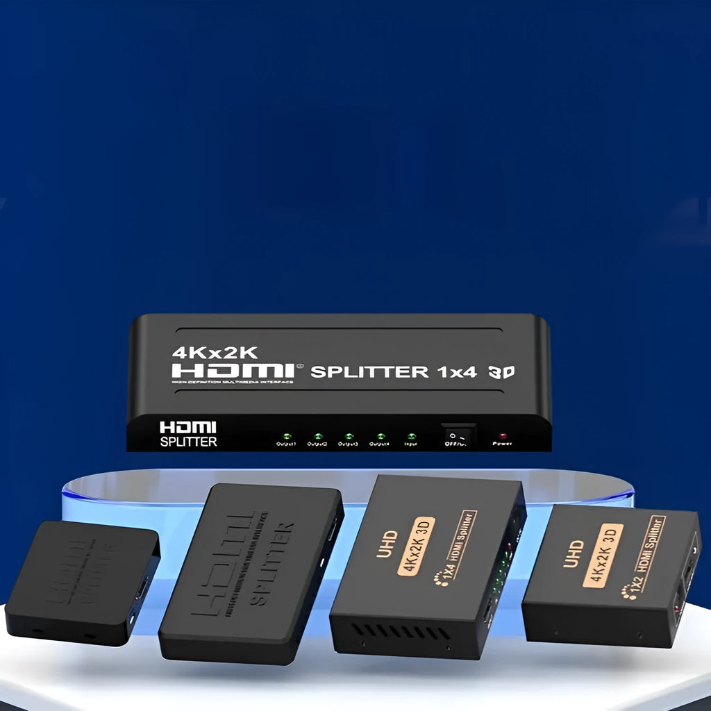 4K HDMI one-to-two splitter box with USB power cable on a white background.