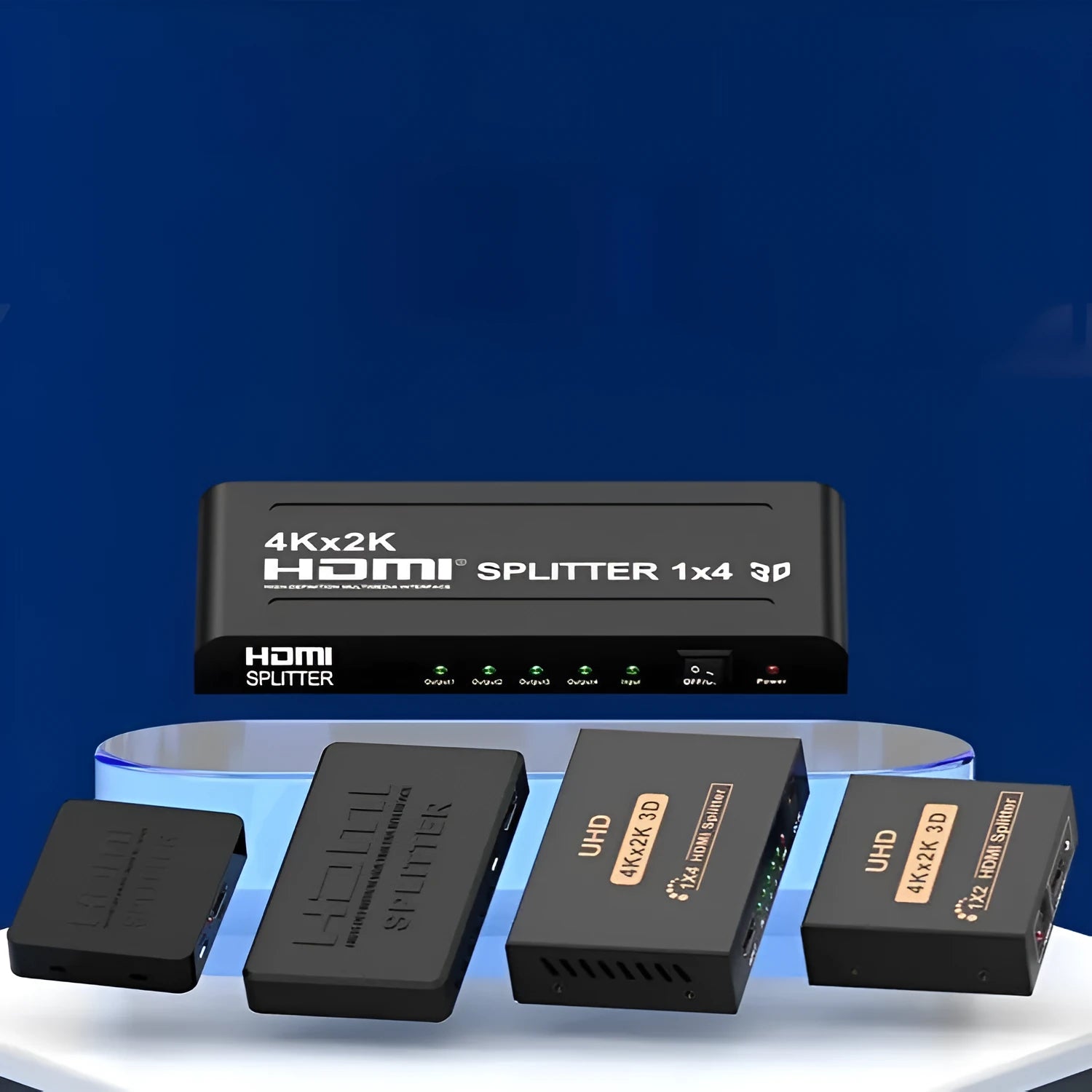 4K HDMI one-to-two splitter box with USB power cable on a white background.