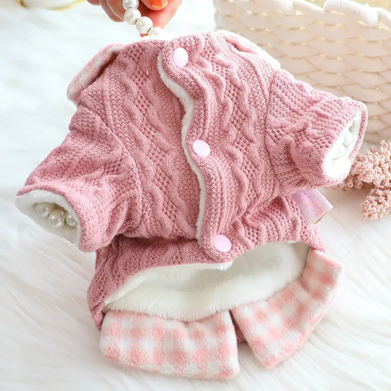 Blue plaid wool dog sweater with fleece lining on small breed dog