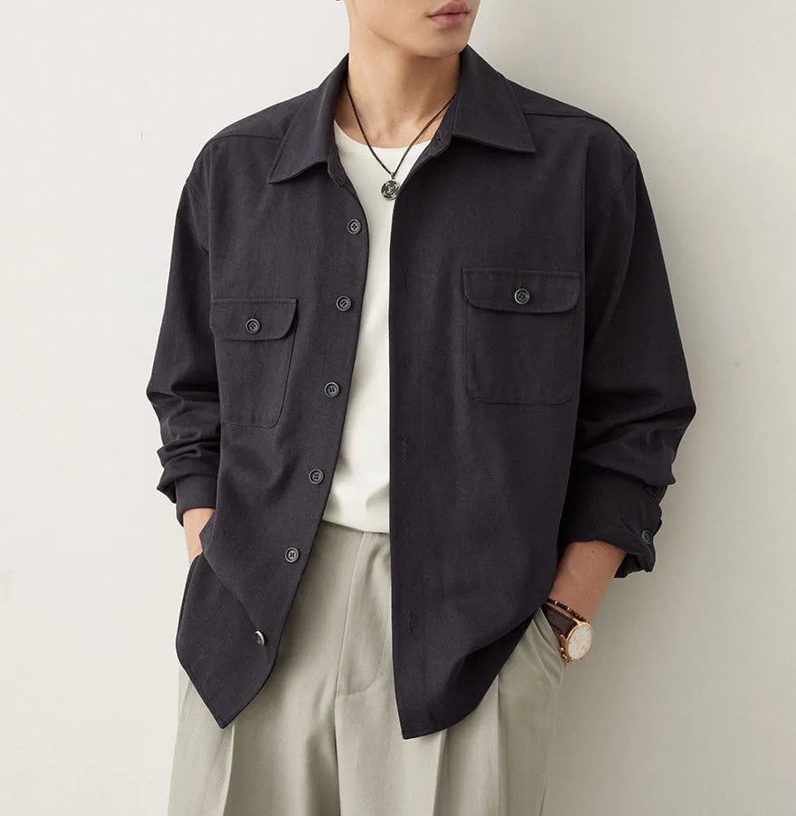 Men's simple profile long sleeve shirt with a cotton lapel collar, shown in Light Sand Rice colour.