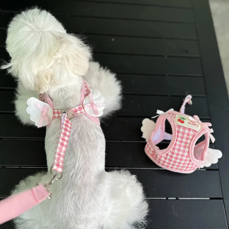 Pink and black cotton hands-free dog harness lead for small dogs showing chest and back straps.