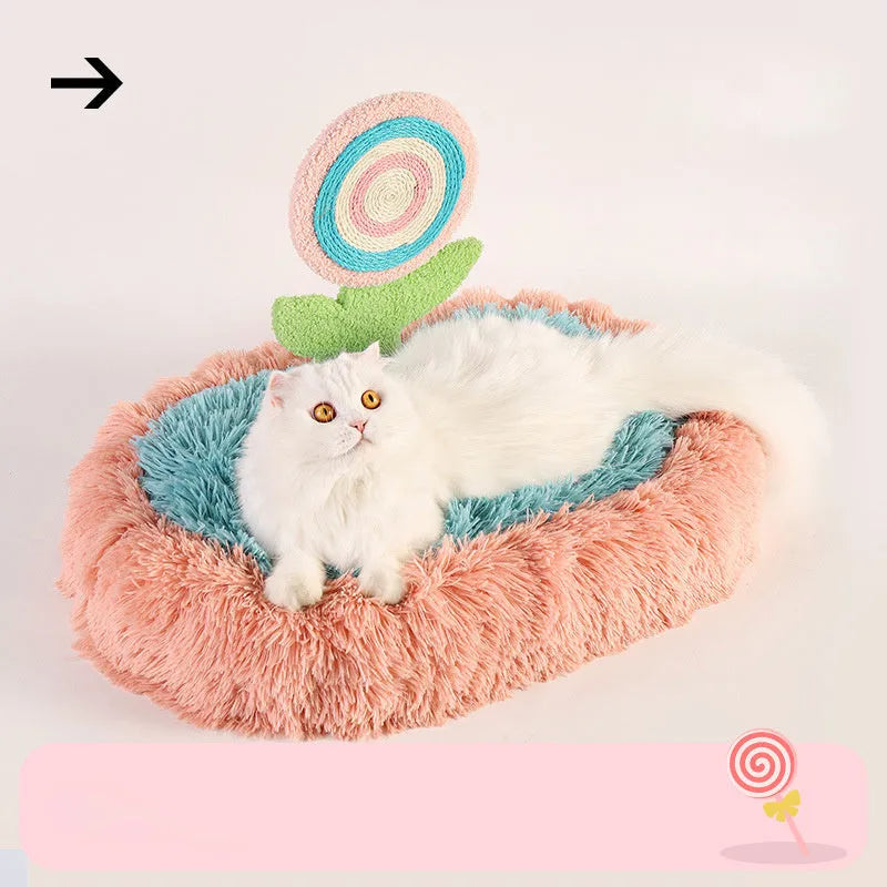 Pink elliptical plush cat nest bed, disassembled to show washable design.