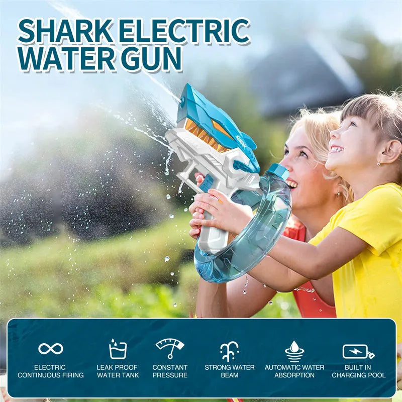 Blue Shark electric water gun toy with large water tank and USB charging port