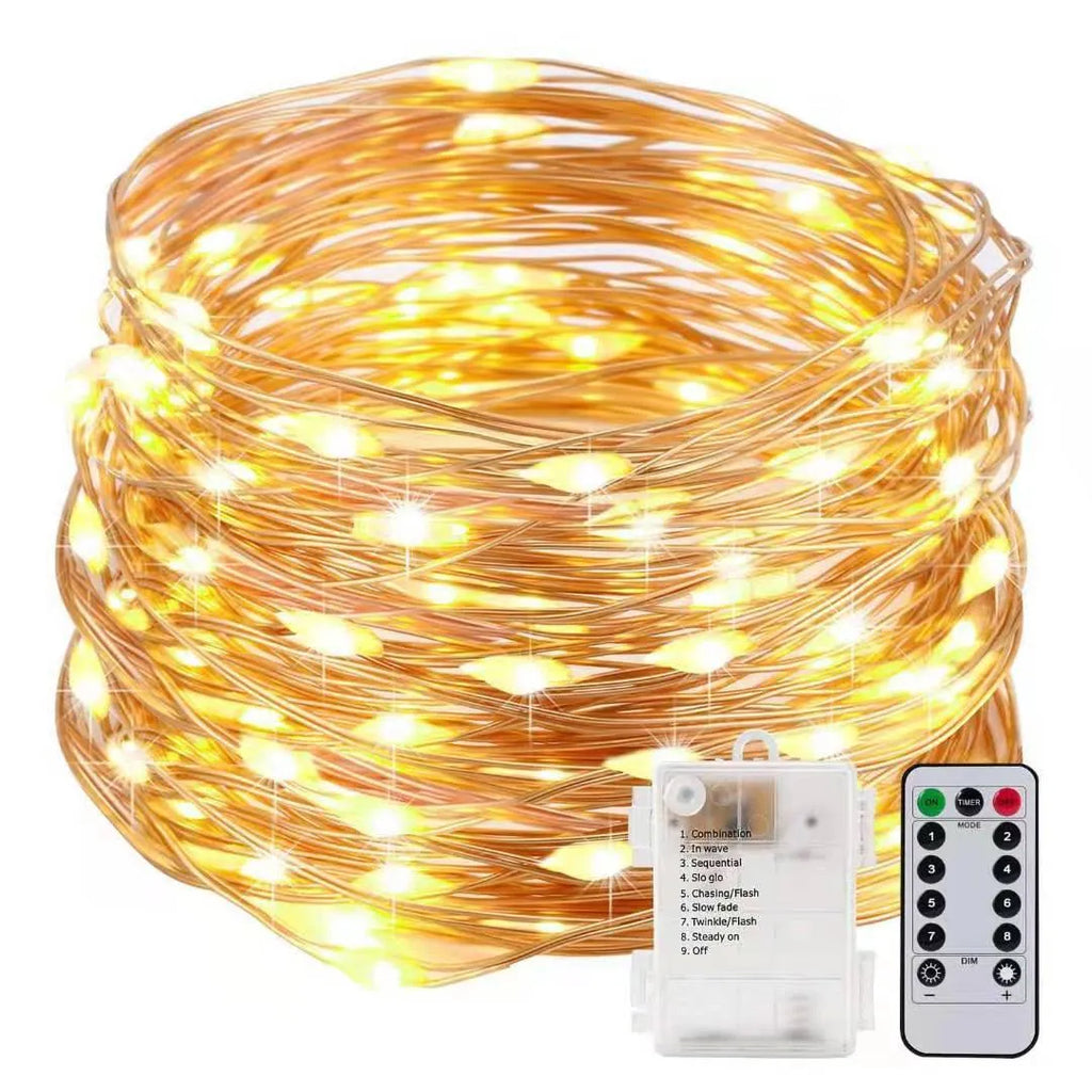 12-metre long copper wire LED string lights with 120 bulbs and a USB plug, displayed with a light post.