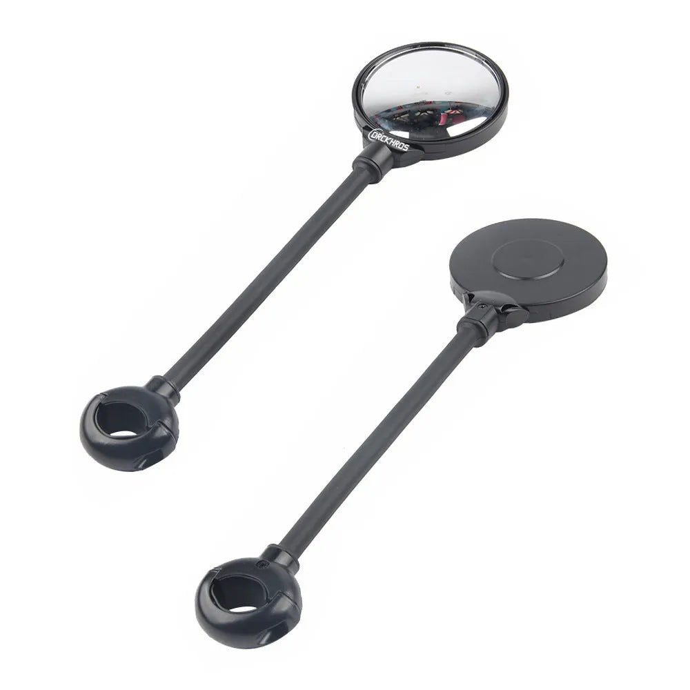 Black bicycle rearview mirror with hose adjustment mechanism mounted on handlebars