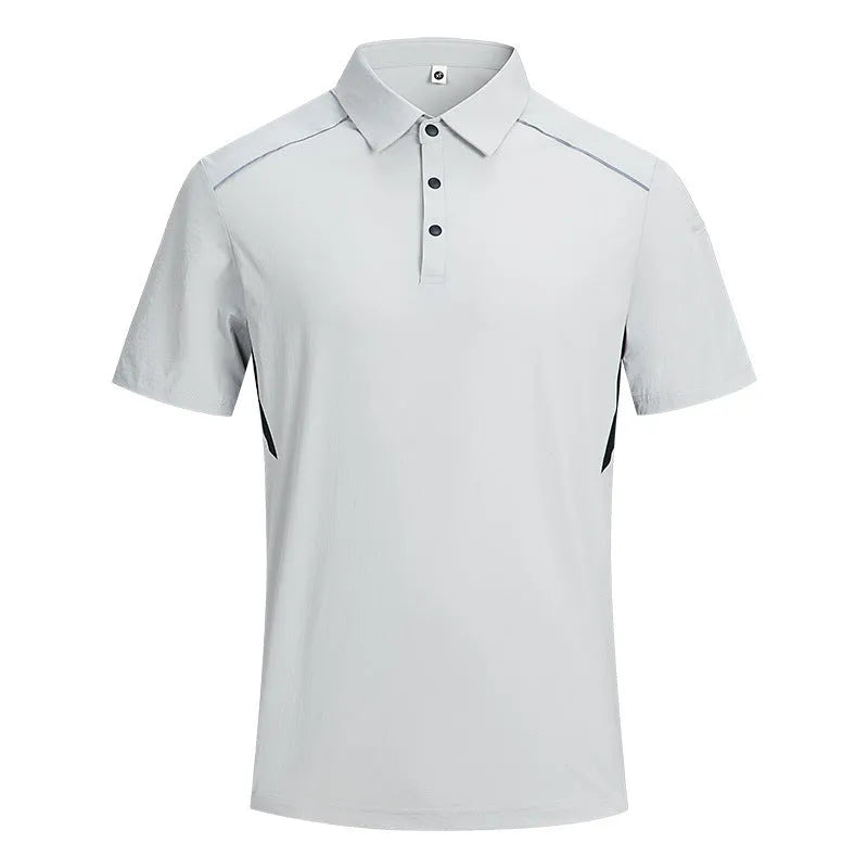 Men's classic black quick-dry polo shirt with short sleeves on a hanger