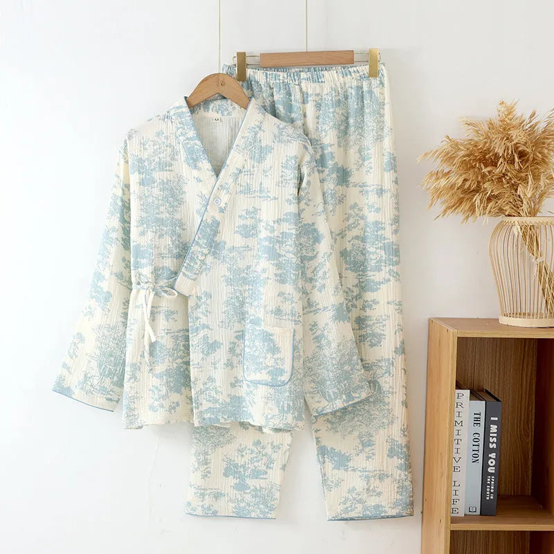 Women's pure cotton gauze long sleeve trousers suit in blue frosted pine trees colour