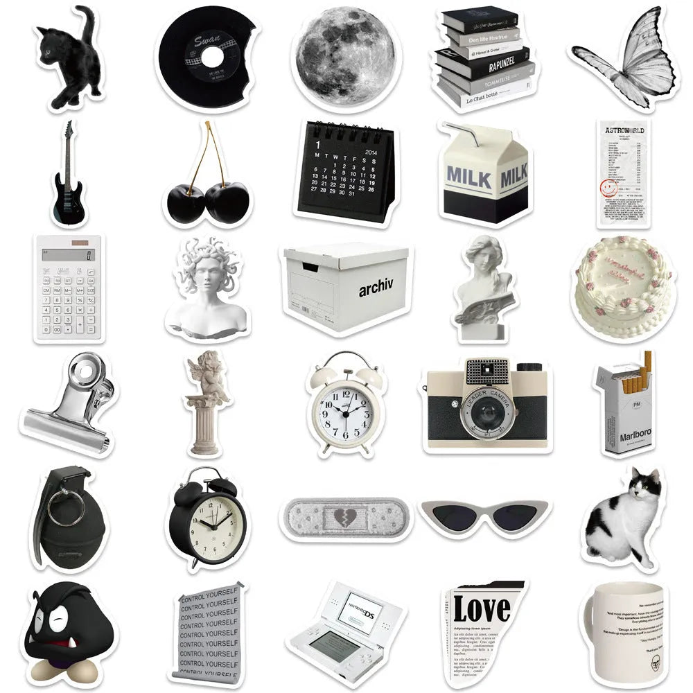 Pack of 61 black and white simple style PVC waterproof stickers for laptops and phones.
