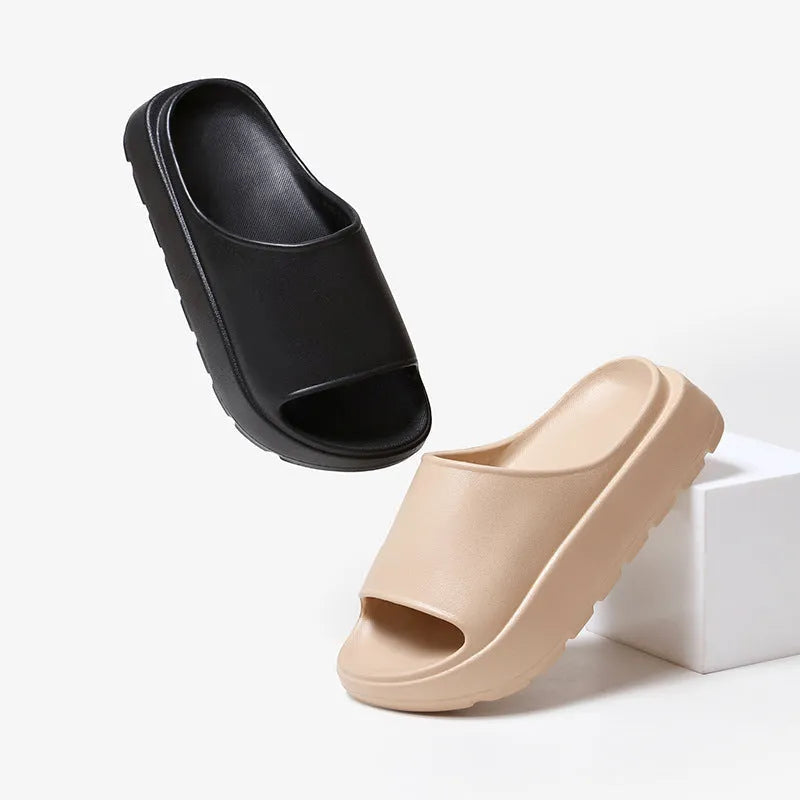 Women's thick sole fish mouth slippers in beige colour, showing the elevated EVA outsole.